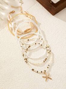 1 Set Nuevo Pulsera bohemia de conchas marinas y cuentas para mujeres, diseño de estrella de mar adecuado para la playa, vacaciones y uso casual