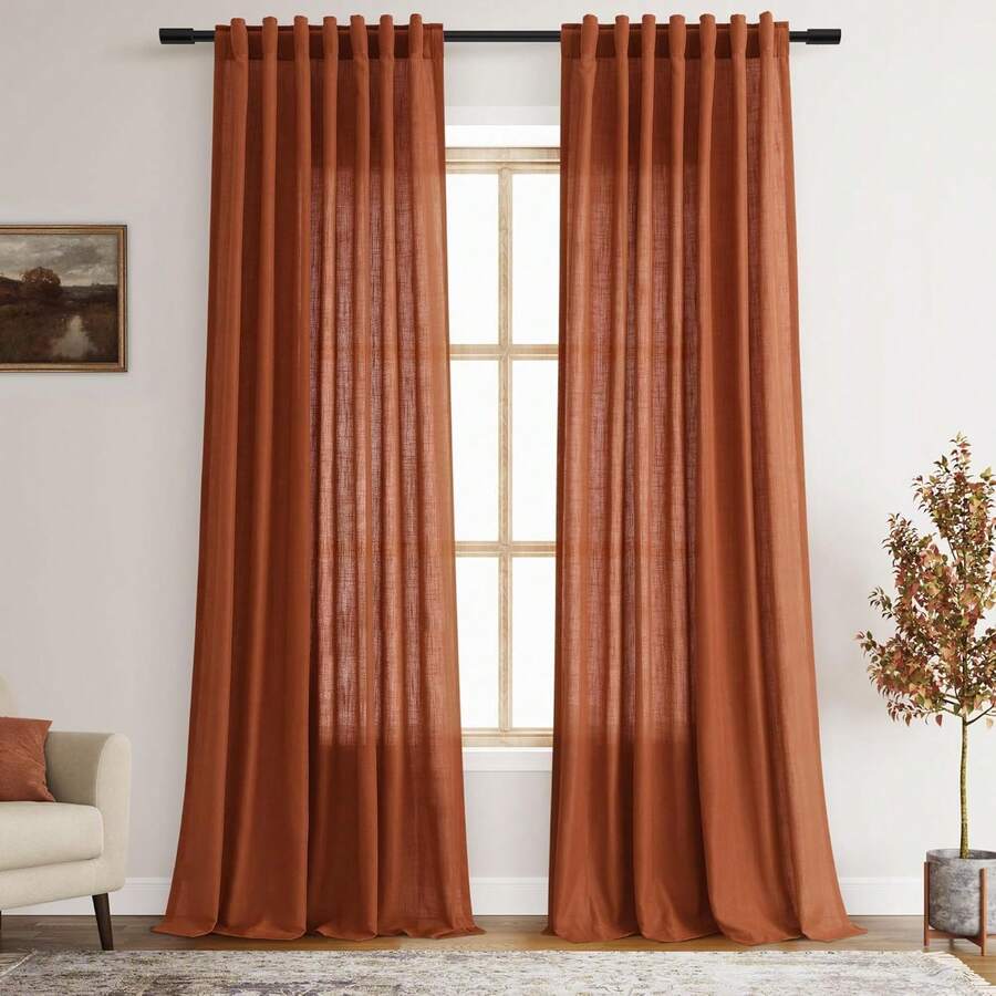Rust Linen Curtains 90 Inches Long 2 Panel Back Tab Rod Pocket Rustic Farmhouse Boho Linen Curtain For Dining Room Brick Burnt Bohemian Fall Decor Terracotta Colored Semi Sheer Curtains 90 Inch Length - Hot Pink - View 1