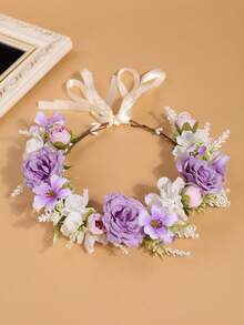 1pc Girls Pastoral-Style Artificial Flower Wreath With Roses, Hydrangeas, Crabapple Flowers, Elegant Hair Accessory Flower Crown Suitable For Beach Photos, Adjustable Size - Multicolor - View 10