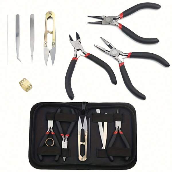 Juego de herramientas de alicates de alambre de acero que incluye alicates de nariz curva, calibrador de anillos, bolsa de almacenamiento - Materiales DIY para hacer joyas, anillos de salto y reparación de joyas, suministros de envoltura y manualidades