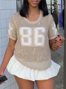 ملابس علوية كاجوال مصنوع من الأنسجة المحبوكة ذو لون أحادي، ملابس علوية كاجوال محبوك بشبكة رقمية بنجمة، رقبة دائرية، أكمام قصيرة فضفاضة