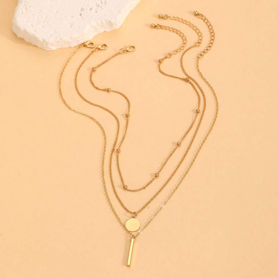 3 Peças Conjunto de Colar com Pingente Retangular e Disco Dourado Personalizado na Moda