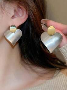 1 对法式撞色金属心形耳钉，时尚优雅的女士金属心形耳环 - 銀色 - 查看 1