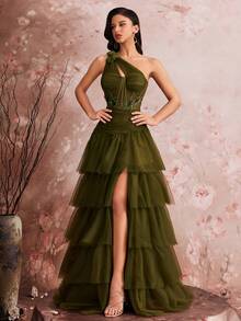 Elisanya Vestido de fiesta de gala de una sola manga con corpiño semitransparente, falda de tul con aplicaciones de flores, línea A con volantes, vestido formal largo elegante sin mangas para mujer, con abertura, calado y drapeado - Verde oliva