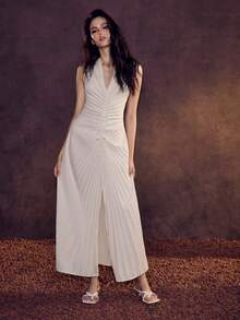 Glamine Pleated, Solid Color, Body-Con, Sleeveless, V-Neck, High Slit To Thigh, Waist-Cinched, Open Back With Bowknot, Flared Dress, Elegant, Sexy, Glamorous, For Occasions, Workwear, Minimalist, Spring/Summer Women