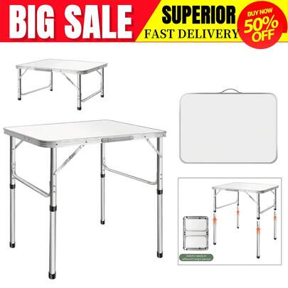 AutoFu Folding Outdoor Camping Kitchen Work Top Table, Small Foldable Camping Picnic Table, Portable Fold Up Height Adjustable Trestle Table, Fold Away BBQ Table, Folding Garden Coffee Side Table, White