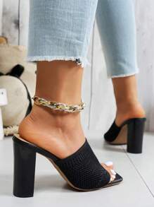 Damen atmungsaktive und bequeme Sandalen mit breiten Trägern, dekoriert mit einfarbigem Stoff und eckiger Zehenpartie, minimalistischer modischer Stil, geeignet für Gehen, Reisen, Party, Date, schwarzes Strickgewebe, Damen Slip-On Sandaletten mit hohem Absatz für den Sommer