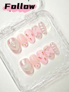 10 件手工按压式指甲短指甲、杏仁形指甲、甜美指甲、裸色指甲、粉色法式指甲饰、粉色魔镜粉指甲、草莓手绘指甲、日式指甲、春、夏、秋、冬日常指甲、假指甲供应、立体滴胶指甲、蝴蝶结心形仿珍珠指甲装饰、婚礼指甲舞会指甲、适合女性在各种场合的初学者指甲、美甲美甲用品指甲