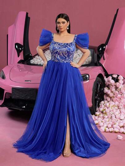 Faeriesty Elegant Plus Size Square Neck Bubble Sleeve Maxi Party Gown For Women | Sequin-Embellished Mesh Fabric With Intricate Patterns (Upper Body Sparkle), Dramatic Puff Sleeve For Vintage Sweetness, Back Cross-Binding Strap Detailing For Sexy Elegance, High Slit Umbrella-Shaped Skirt With Floating Movement (Tulle Layer For Volume), Bodycon Fit Highlighting Curves (Plus Size Friendly Slimming Effect), Romantic Contrast With Pink Floral Car Backdrop For Valentine's Day, Spring Weddings, Garden Parties,