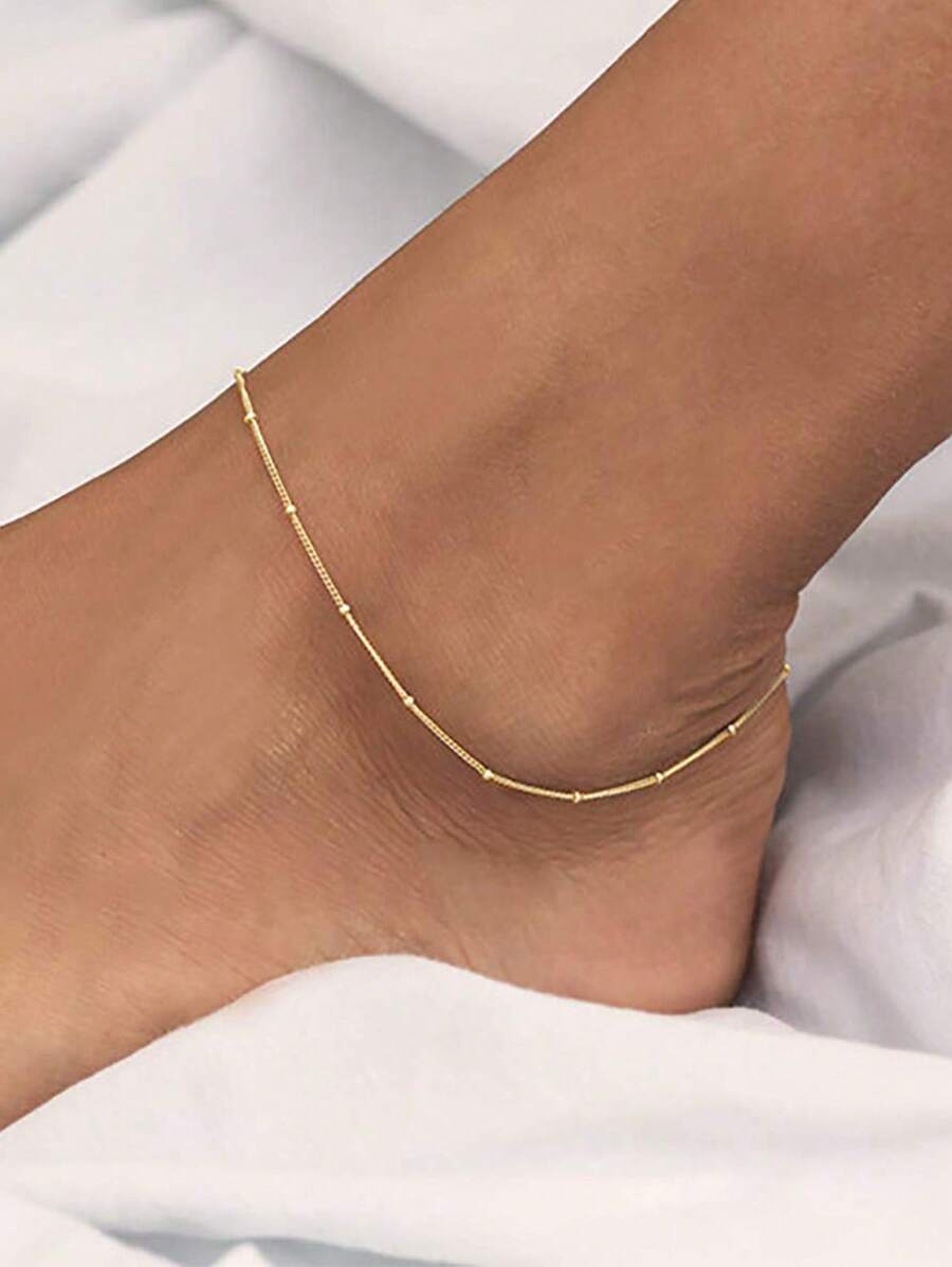 1pc Stainless Steel Beaded Classic Round Chain Anklet, Fashionable Non-Fading Versatile Summer Foot Jewelry, Random Bead Size