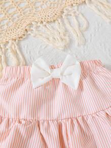2pcs Baby Girls Casual Cap Sleeve Striped Panel Shirt With Bowknot Skirt Outfits, Including Headband
