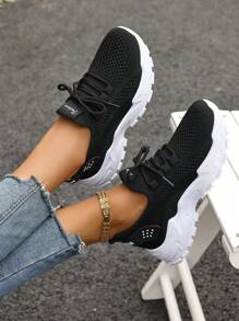 女士休闲户外运动鞋，时尚运动鞋，适合徒步、日常穿着、跑步，耐用防滑，轻便，四季通用厚底运动鞋 - 黑色 - 查看 4