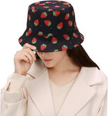 Unisex Reversible Bucket Hat For Beach And Fishing - 草莓黑 - 查看 6