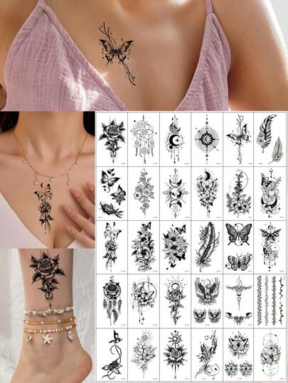 30pcs Sexy Temporary Tattoos For Women, Mixed Designs Including Black Floral, Butterfly, Feather, Dreamcatcher & Moon Patterns Waterproof Body Art Stickers For Wrist, Clavicle, Thigh - Ideal For Party Makeup, Lasts 2-5 Days