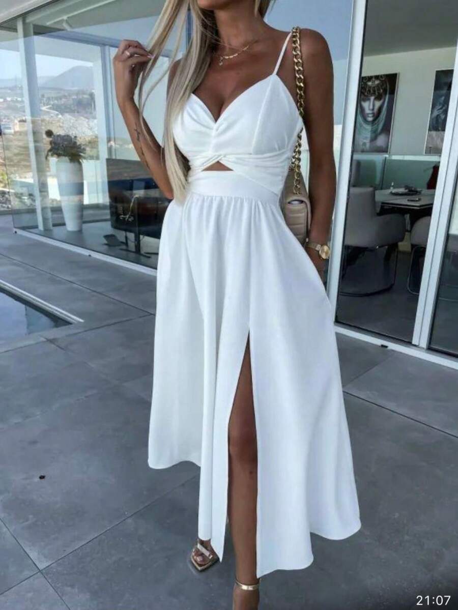 Solid Color Bohemian Twist High Slit Cutout Sleeveless Dress, Suitable For Night Date - White - View 1