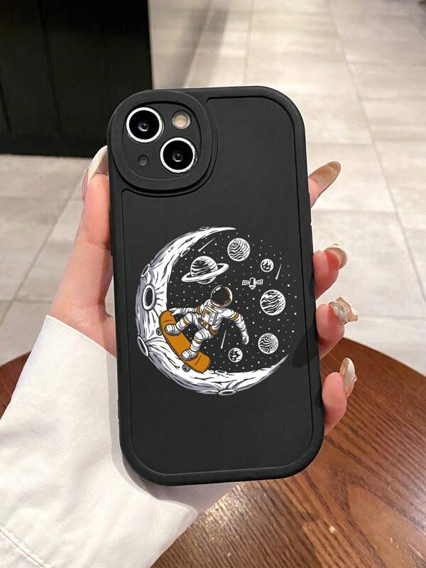 Funny Personalized Astronaut Moon Skateboard Phone Case - Cool Space Protective Cover, Astronaut Pattern Black Phone Case, Moon, Spacecraft, Planet Pattern Phone Case, TPU Anti-Fall, Anti-Scratch, Shock-Resistant, Lens Protection Black Phone Case, Compatible With IPhone Case & Galaxy Case