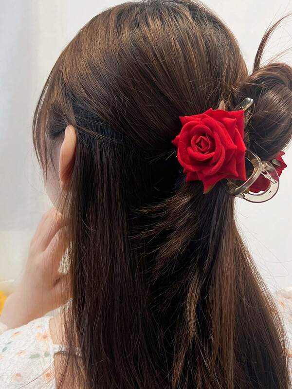 1 pieza Clip de pelo con flor de rosa roja, accesorio de pelo retro lujoso con flor decorativa falsa, pinza de pelo elegante, artículos escolares, universidad