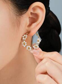 1 Pair Boho Stainless Steel Gold Plated Colorful Flower Earrings, Suitable For Women Daily/Beach/Party/Festival