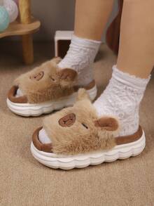 1双儿童卡通可爱加厚保暖毛绒拖鞋，适合男童女童秋冬季室内穿着 - 卡其色 - 查看 3