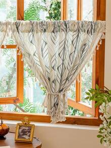 1 件奢华欧式简约薄纱短窗帘，三色几何线条和叶子图案田园设计，适用于厨房、餐厅、客厅、卧室、办公室和洗衣房装饰