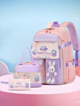 3 PiecesSet Fashion Backpack With Lunch Box & Pencil Case, Large Capacity Multi-Compartment Design, Dual Zipper Closure, Anti-Slip Back Strap With Chest Clip, Side Pockets For Water Bottle & Umbrella, Suitable For Daily Use & Travel, Waterproof Polyester Backpack, Back To School Gift