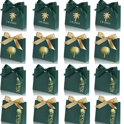 6件/12件迷你沙特阿拉伯国庆节礼品袋 - 优雅的绿色和金色设计，棕榈树图案 - 非常适合糖果、巧克力