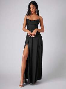 Vestido Espalda Descubierta, Vestido con tirantes y abertura Vestido negro elegante Vestidos de noche sexy y vestidos de mujer Vestido de fiesta sin tirantes con volantes irregulares,Vestido de noche de diseñador de cuello alto y manga larga - Negro - Ver 4