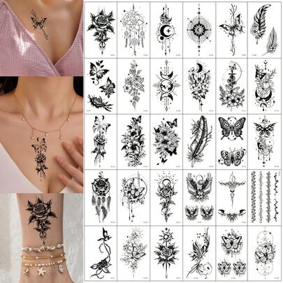 30 יחידות קעקועים זמניים סקסיים לנשים, עיצובים מעורבים כולל פרחים שחורים, פרפרים, נוצות, לוכד חלומות וירח, מדבקות אמנות גוף עמידות למים לשורש כף היד, עצם הבריח, ירך - אידיאלי לאיפור למסיבות, מחזיק מעמד 2-5 ימים