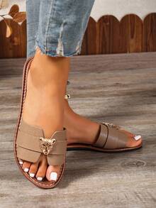 春夏新款 H 牌凉鞋，时尚休闲人字拖，罗马款，舒适女士平底凉鞋，黑色/米色/棕色，沙漠钥匙，水钻厚底坡跟，博主推荐，沙滩鞋 - 杏色 - 查看 5