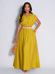 Amarilo Turmeric Sleeveless Gathered Top With Elegant Skirt, Casual And Elegant Style, Suitable For Small Gatherings, Commuting, Daily Life; Elegant And Ladylike Style, The Latest Spring And Summer Women's Daily Simple Style Suit