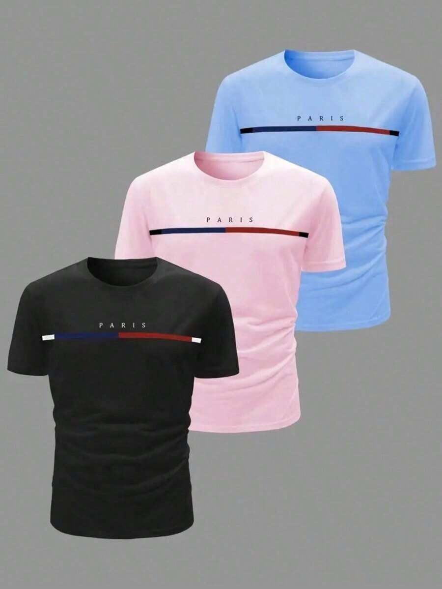 Kit 3 Men's T-Shirts Casual Shirt 100% Cotton Versatile Comfortable Sports Blouse For Summer Unisex New Release - 淺粉色 - 查看 1