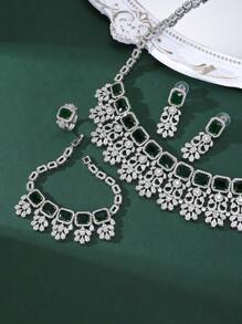 5pcs/Set Luxury European & American Style Exaggerated Red Gem, Green Gem, Cubic Zirconia Copper Necklace, Earrings, Open Ring, Bracelet 4-Piece Jewelry Set. Suitable For Banquet, Party, Bride, Wedding. Gift For Mother, Teacher, Girlfriend