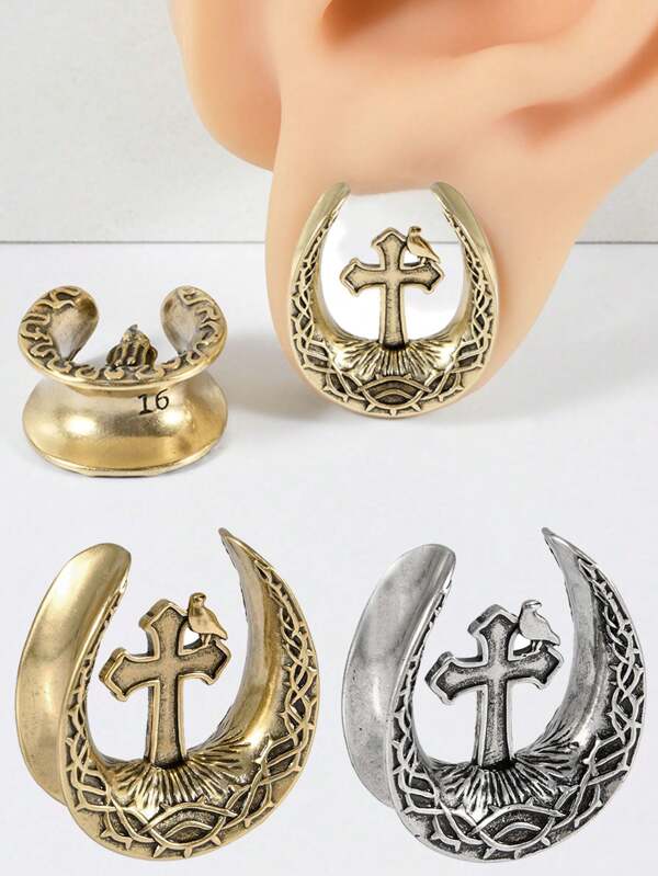 1PC U Shape Cross With Crow Ear Gauges Open Flesh Tunnels Plugs Ear Tunnels Ear Stretchers Stainless Steel Piercings 8mm-25mm