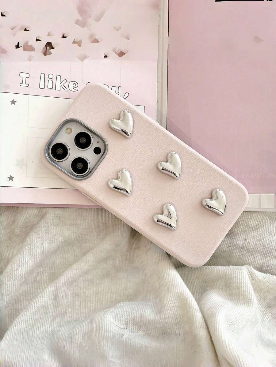 1 件时尚素食皮革手机壳，带有突出的 5 个金属心形图案，适用于 16/15/14/13/12、Redmi、Honor、OPPO、Realme、 - 粉色 - 查看 1