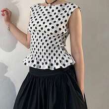 Womens Dots Print Tank Tops Sleeveless Tie Shoulder Boat Neck Smocked Tops Summer Shirts - White - View 3