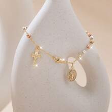 Elegant 14K Gold-Plated Virgin Mary And Cross Pendant Bracelet, Made Of Cubic Synthetic Zirconia - Three Color Design, Very Suitable For Mother's Day, Daily Wear And Prayer - Is An Ideal Gift For Moth