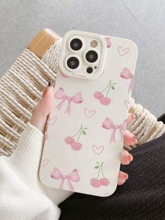 1pc Girly Pink Cherry Bow Design Anti-Slip Anti-Drop Phone Protective Case, Compatible With Iphone 16 Pro Max/11/12/13/14 Plus/16e/XR/7/8 Plus/15 Pro Max Waterproof Shockproof Scratch Resistant