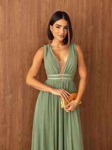 Tulle Party Dress / Neckline / Side Opening / Long For Graduation, Bridesmaid And Guests - Olive Green - View 2