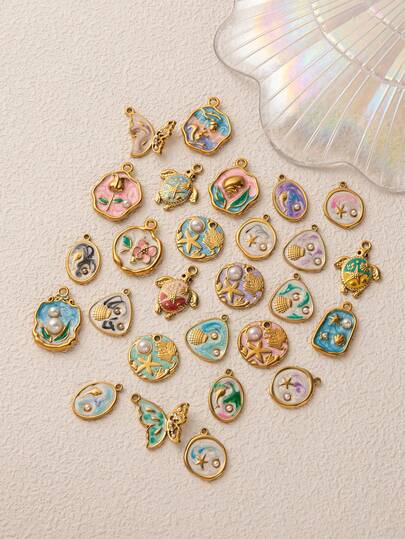 1pc不锈钢海洋系列贝壳镶嵌珍珠、海龟、海豚、海星、蝴蝶、玫瑰吊坠，适合DIY创意项链、手链、耳环、包链、钥匙扣，镀18K金，适合送给老婆、妈妈、女朋友的创意吊坠