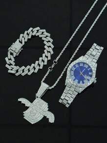 1 Set de joyería para hombre con colgante con signo de dólar con alas todo cubierto de rhinestone, reloj, pulsera, conjunto de joyería de lujo y glamoroso, accesorio de moda brillante