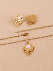 3pcs/Set Fashion Geometric Pearl Necklace & Earrings Set, Stainless Steel Jewelry, Exaggerated Design Accessories, Gifts For Girlfriend/Wife, Suitable For Women's Daily/Vacation Wear - Yellow Gold - View 3