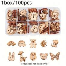 100 件动物风格木质缝纫纽扣，2 孔兔子蝴蝶熊未完成木质缝纫纽扣，用于缝纫工艺品圣诞装饰