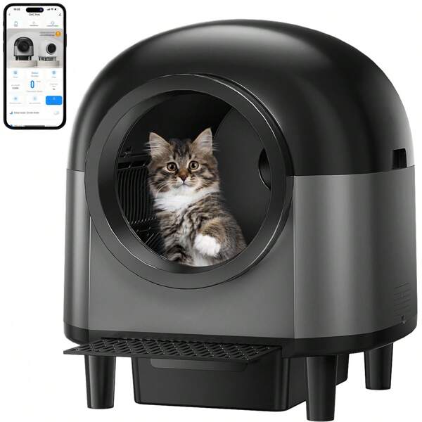 OMCPET 100+10L Automatische Katzentoilette, selbstreinigend, mit Treppe, APP-gesteuerte intelligente Katzentoilette mit Sicherheitssensorschutz, elektrische Katzentoiletten für mehrere Katzen, mit fortschrittlicher Geruchskontrolle (schwarz)