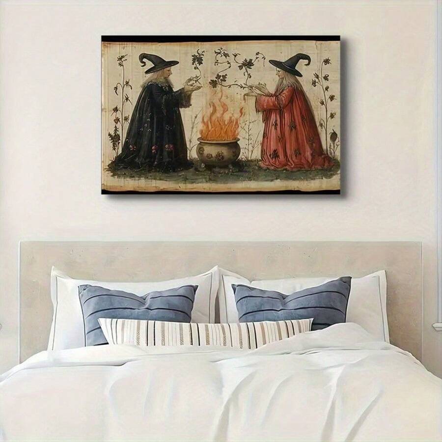 1PC Framed Vintage Gothic Witch Canvas Wall Art - 2D Flat Wrap Frame HD Printed Oil-Proof Canvas Painting, Dark Fantasy Artwork With Intricate Details, Indoor Wall Decor For Living Room, Bedroom, Office - Perfect Holiday Gift, Mystical Room Accent | Detailed Artistry, Gothic Home Decor, 2D Flat, Perfect For Room Decor- (Wrapped Canvas) - Black - View 1