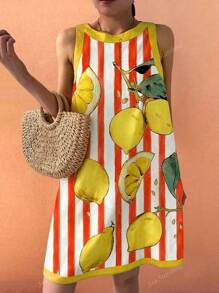 Vestido sin mangas con estampado de hojas de limón en conflicto, estilo boho, casual, de verano, para vacaciones, cómodo, para mujer, para salir a brunch