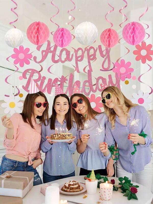 1set- Birthday Decoration, No DIY Pre-Worn Happy Birthday Banner With Honeycomb Balls, Hanging Swirls, Polka Dot Garland, Happy Birthday Party Decoration For Women Men (Pink)