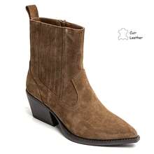 Pointed Toe Ankle Boots In Genuine Suede Leather, Featuring A Cuban Heel And A Structured Design For A Bold And Elegant Style. - Camel - View 2