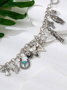 1pc Women Fashion Multi-Element Beaded Bracelet With Western Cowboy, Turquoise, Crown, Butterfly, Cross, Faux Pearl Charms - Antique Silver - View 4
