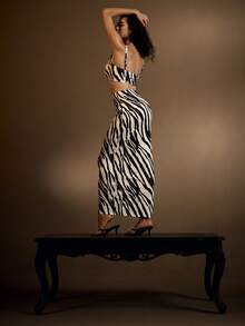 Glamine BamGleam 2025 Conjunto de suspensórios com gola quadrada e estampa de zebra, verão, novo, sexy, conjunto de saia longa e justa, moda casual para férias, roupas femininas quentes de verão