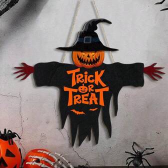 ตกแต่งประตูฮัลโลวีน สัญลักษณ์ขนม หรือเคล็ด ตกแต่งประตูหน้า, ตกแต่งป้ายไม้ฟักทองสยองขวัญแขวน ตกแต่งฮัลโลวีนภายในภายนอกสวนกำแพง สำหรับเครื่องเรือนงานปาร์ตี้ฮัลโลวีน